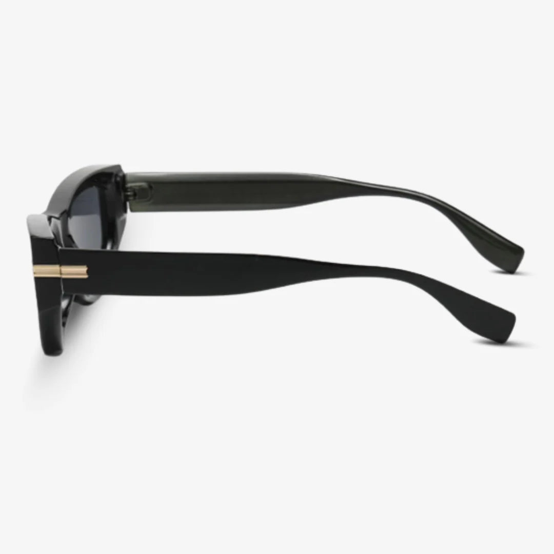 Side view of Luxe women’s cat-eye sunglasses in Black frame with Black lenses, on white background — acetate frame, TAC lenses, 100% UV protection