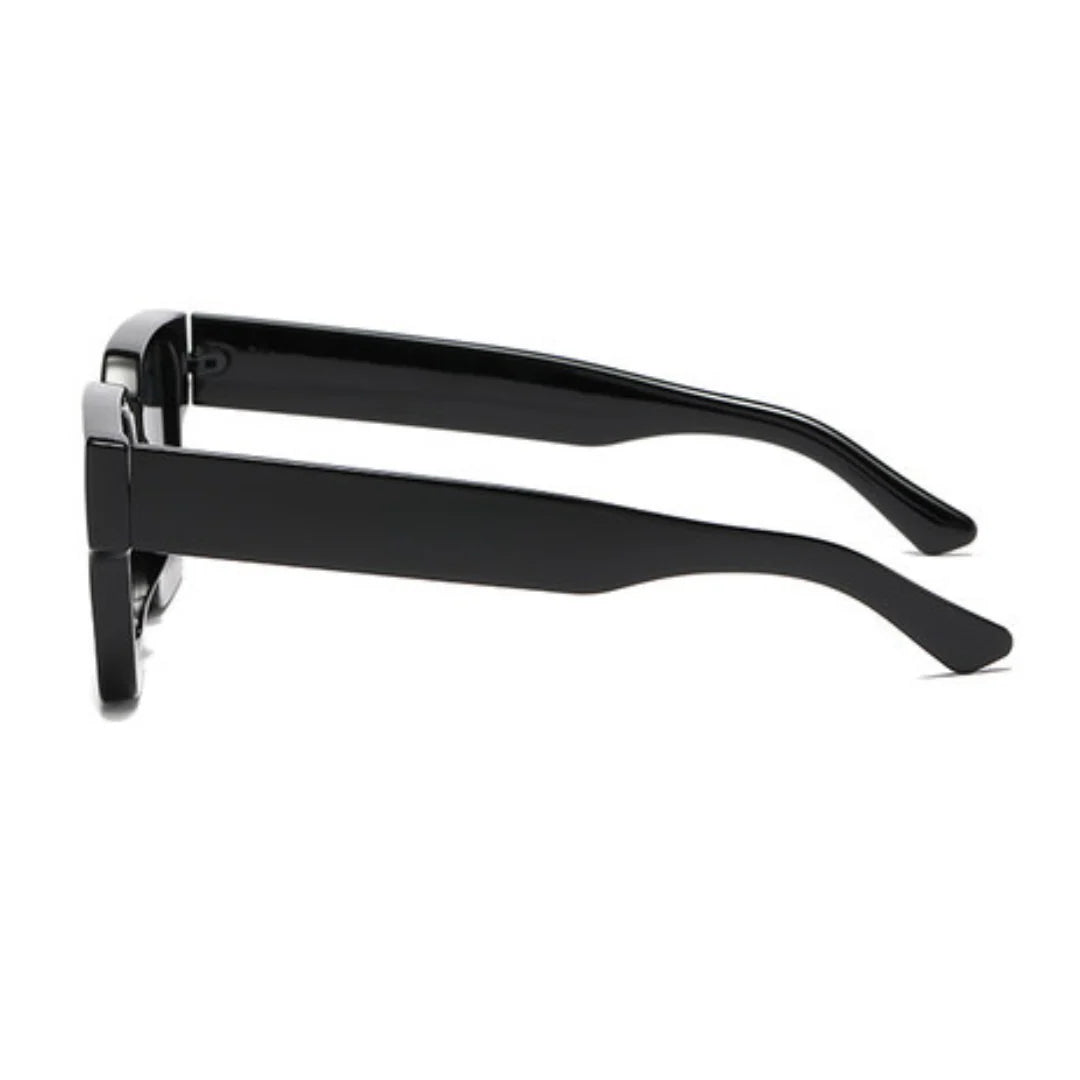 Side view of Valencia women’s square shades in Black frame with Black lenses, on white background — acetate frame, polycarbonate lenses, 100% UV protection