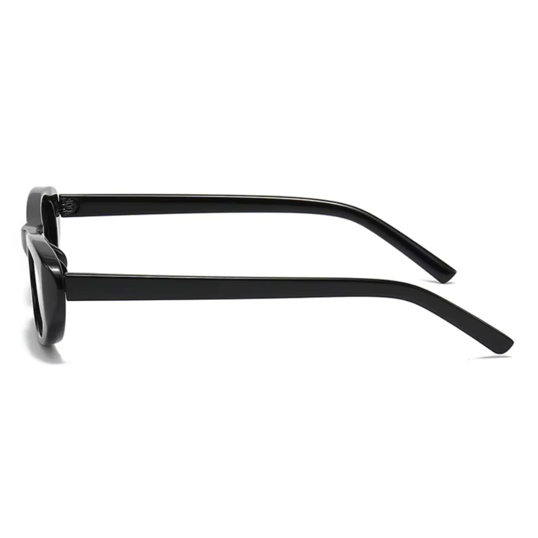 Side view of Nova oval slim sunglasses in Black frame with Black acrylic lenses, polycarbonate frame, 100% UV protection, on white background.