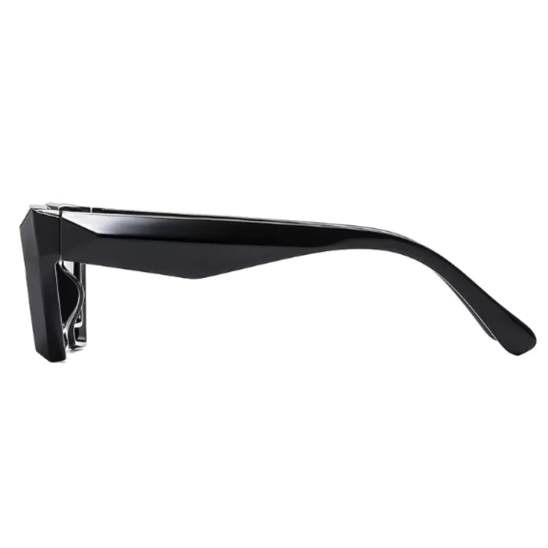 Side view of Paris futuristic geometric sunglasses in Black acetate frame with Black TAC lenses, 100% UV protection, on white background.