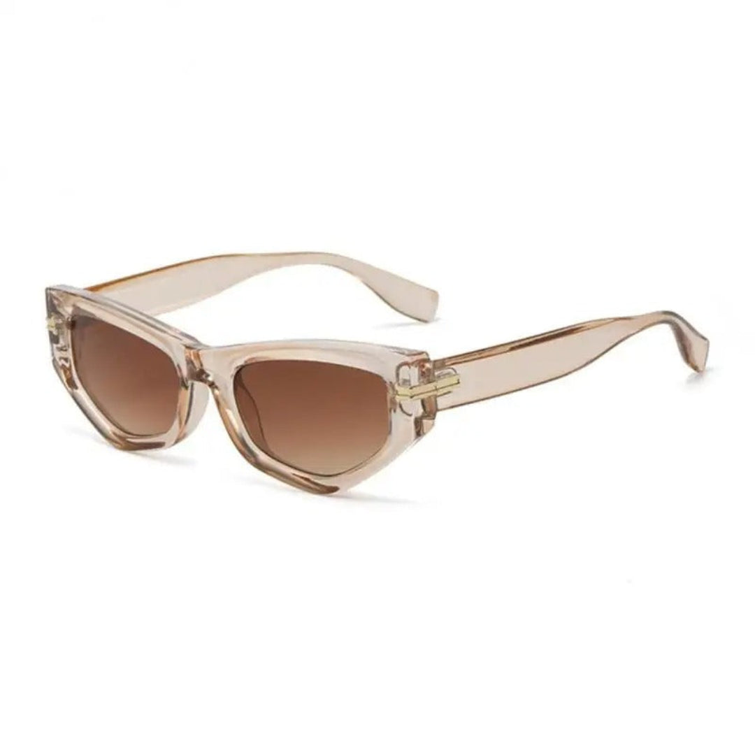 Right 3/4 angle of Luxe women’s cat-eye sunglasses in Nude frame with Amber Gradient lenses, on white background — acetate frame, TAC lenses, 100% UV protection