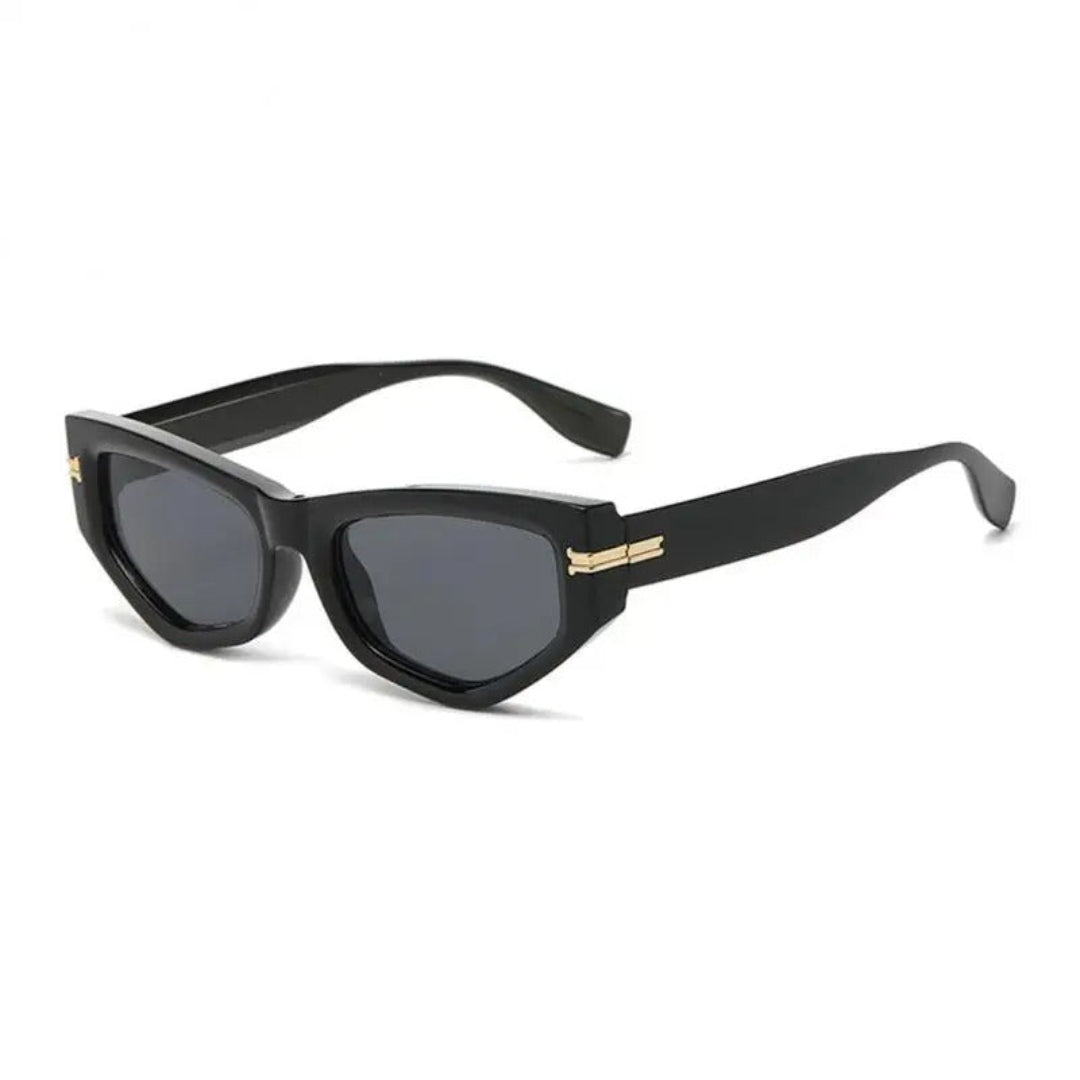 Right 3/4 angle of Luxe women’s cat-eye shades in Black frame with Black lenses, on white background — acetate frame, TAC lenses, 100% UV protection