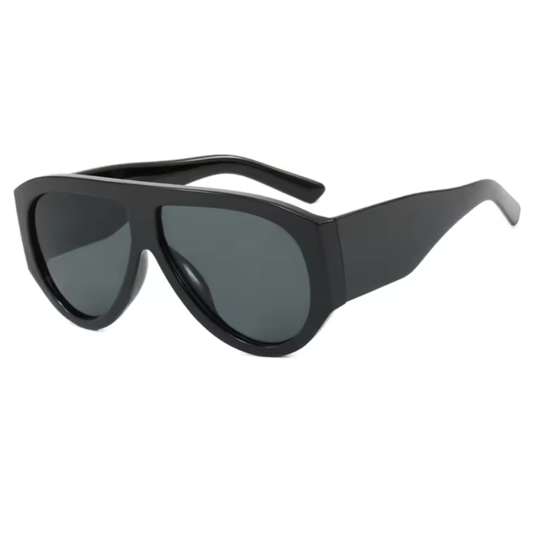 Right 3/4 angle of Delphine women’s shield sunglasses in Black frame with Black lenses, on white background — acetate frame, TAC lenses, 100% UV protection