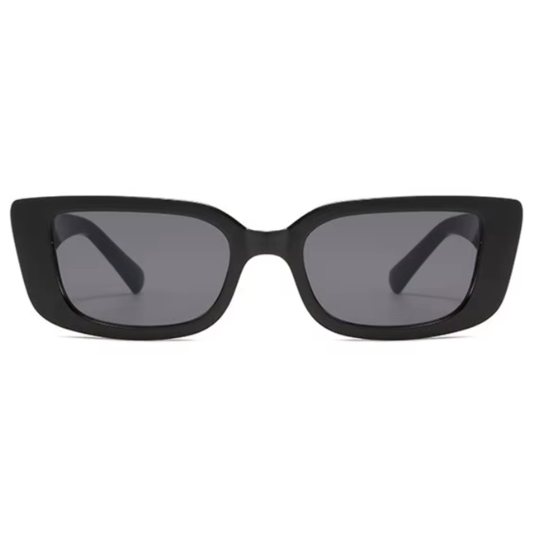 Front view of Celestia women’s rectangle shades in Black frame with Black lenses, on white background — acetate frame, polycarbonate lenses, 100% UV protection