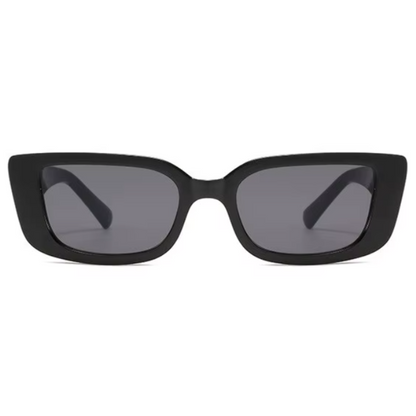 Front view of Celestia women’s rectangle shades in Black frame with Black lenses, on white background — acetate frame, polycarbonate lenses, 100% UV protection