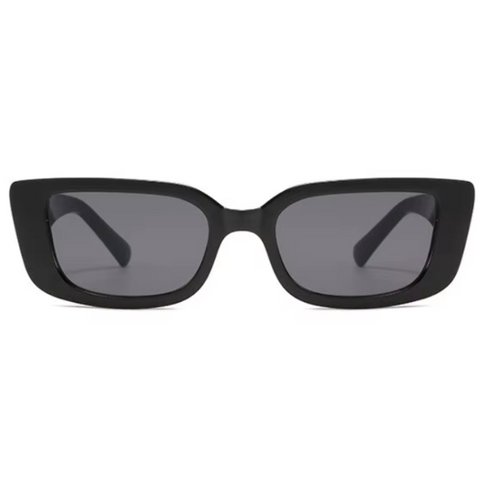 Front view of Celestia women’s rectangle shades in Black frame with Black lenses, on white background — acetate frame, polycarbonate lenses, 100% UV protection