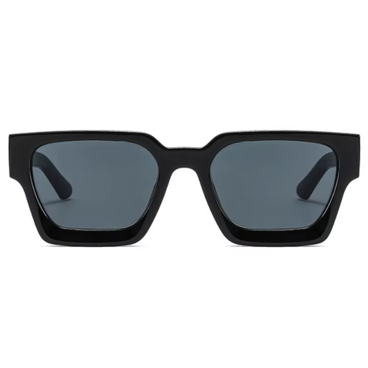 Front view of Valencia women’s square sunglasses in Black frame with Black lenses, on white background — acetate frame, polycarbonate lenses, 100% UV protection"