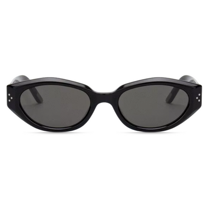 Front view of Serena women’s oval slim sunglasses in Black frame with Black lenses, on white background — premium acetate frame, Trivex lenses, 100% UV protection