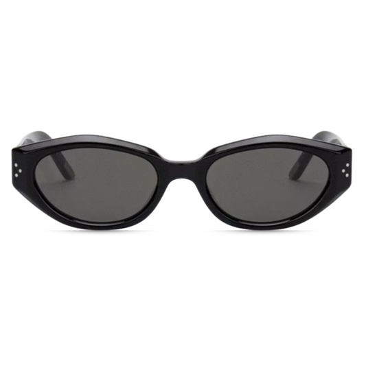 Front view of Serena women’s oval slim sunglasses in Black frame with Black lenses, on white background — premium acetate frame, Trivex lenses, 100% UV protection