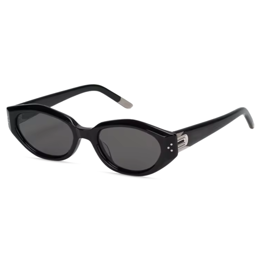 Right 3/4 angle of Serena women’s oval slim shades in Black frame with Black lenses, on white background — premium acetate frame, Trivex lenses, 100% UV protection"