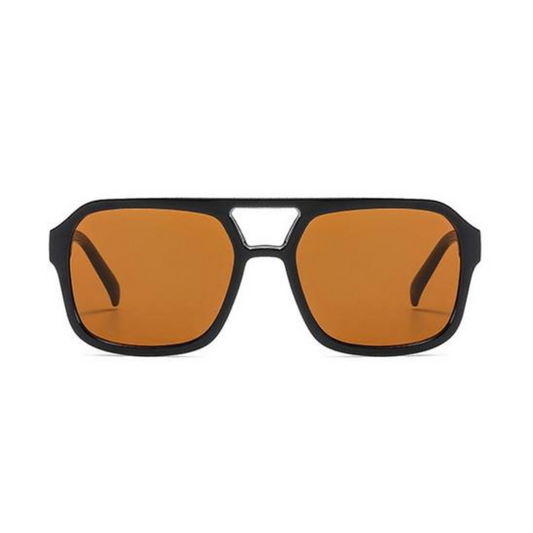 Zentha square shield women's shades in Black frame with amber lenses, front view on white background