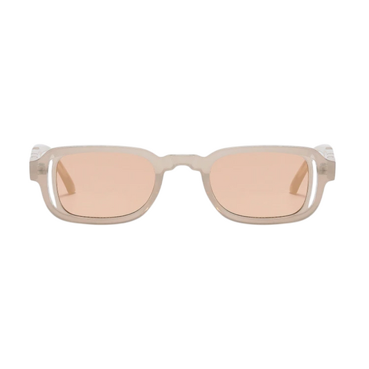Soraya rectangular women's sunglasses in transparent rose polycarbonate frame with soft beige acrylic lenses, 100% UV protection, front view on white background