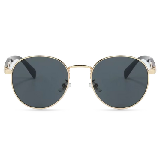 Front view of Domina women’s round sunglasses in Black frame with Black lenses, on white background — metal frame, polycarbonate lenses, 100% UV protection