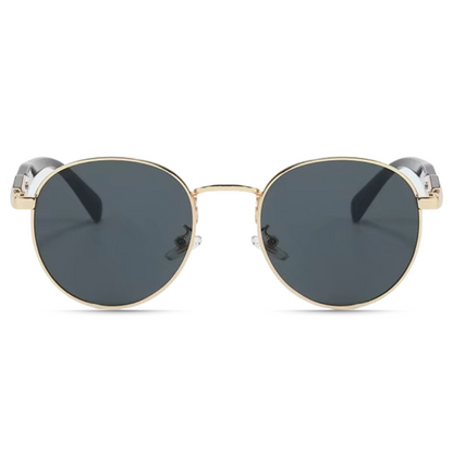 Front view of Domina women’s round sunglasses in Black frame with Black lenses, on white background — metal frame, polycarbonate lenses, 100% UV protection