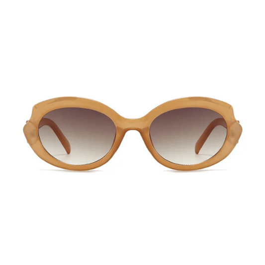 Amoura oversized round women's sunglasses in amber acetate frame with brown gradient polycarbonate lenses, 100% UV protection, front view on white background