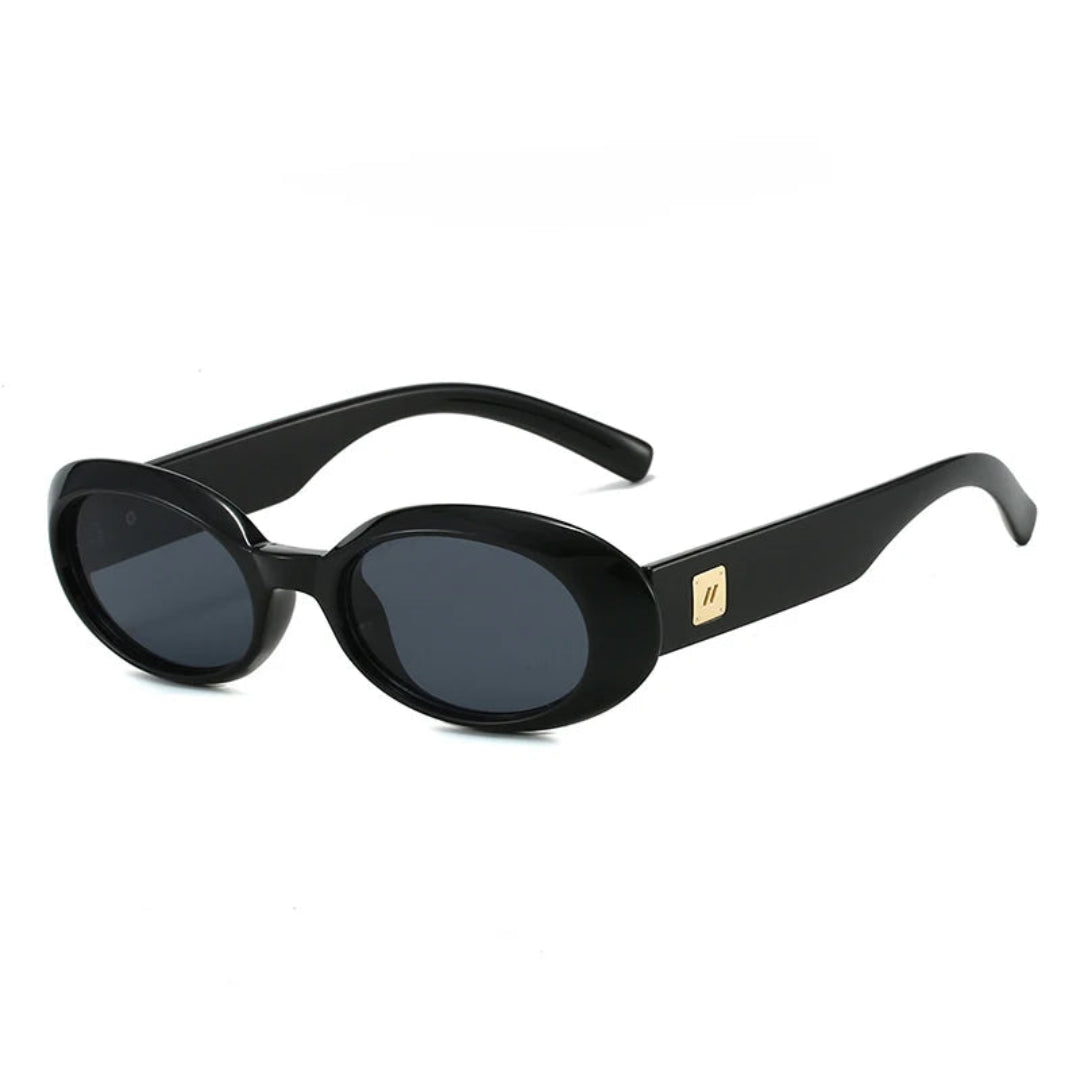 Right 3/4 angle of Vienna women’s oval shades in Black frame with Black lenses, on white background — acetate frame, polycarbonate lenses, 100% UV protection