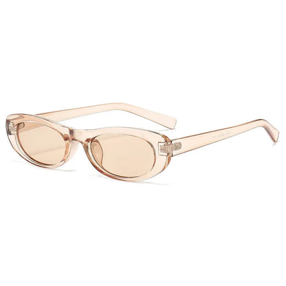 3/4 right angle view of Nova oval slim shades in Transparent Rosé frame with Soft Beige acrylic lenses, polycarbonate frame, 100% UV protection, on white background.