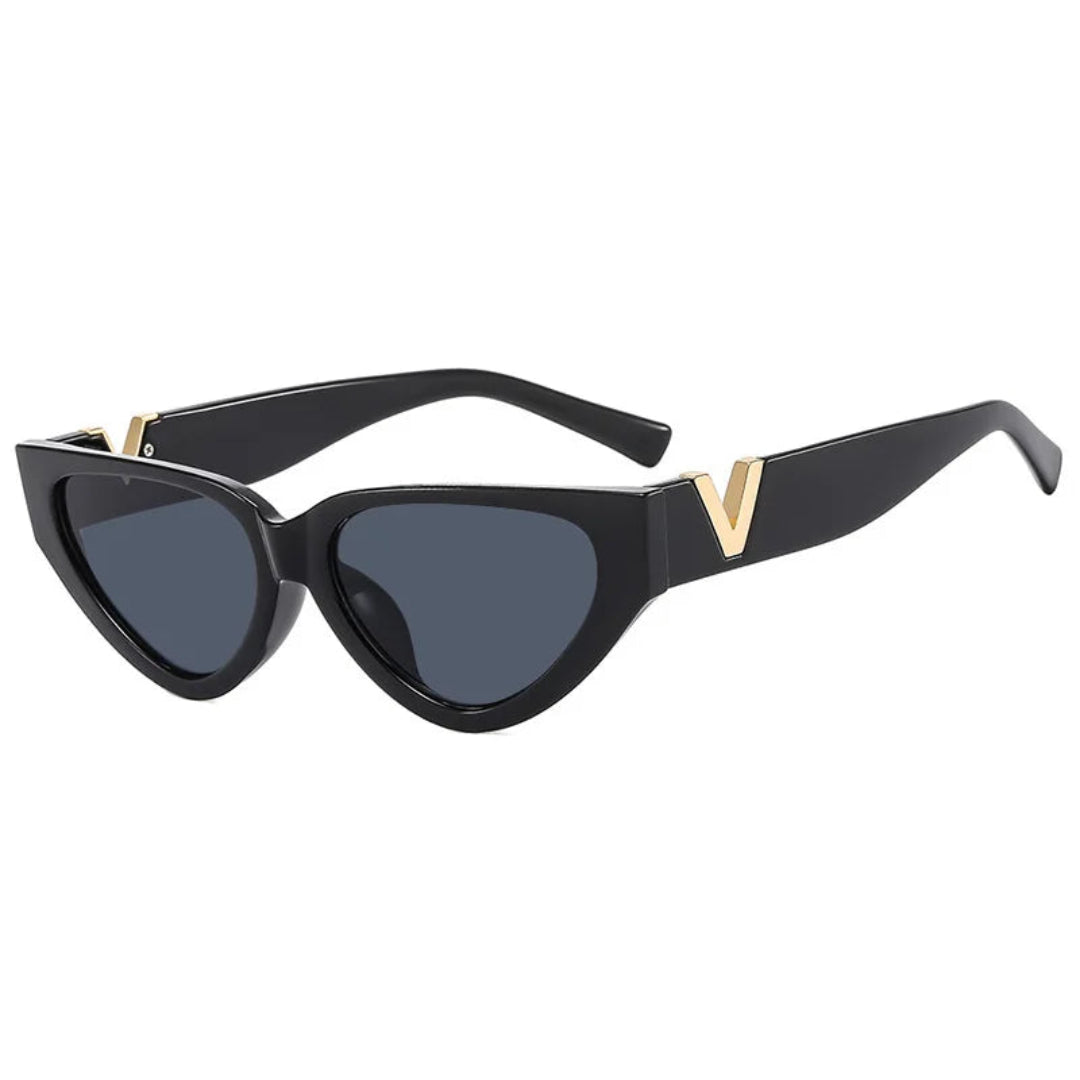Right 3/4 angle of Riviera women’s cat-eye sunglasses in Black frame with Black lenses, on white background — polycarbonate frame, acrylic lenses, 100% UV protection