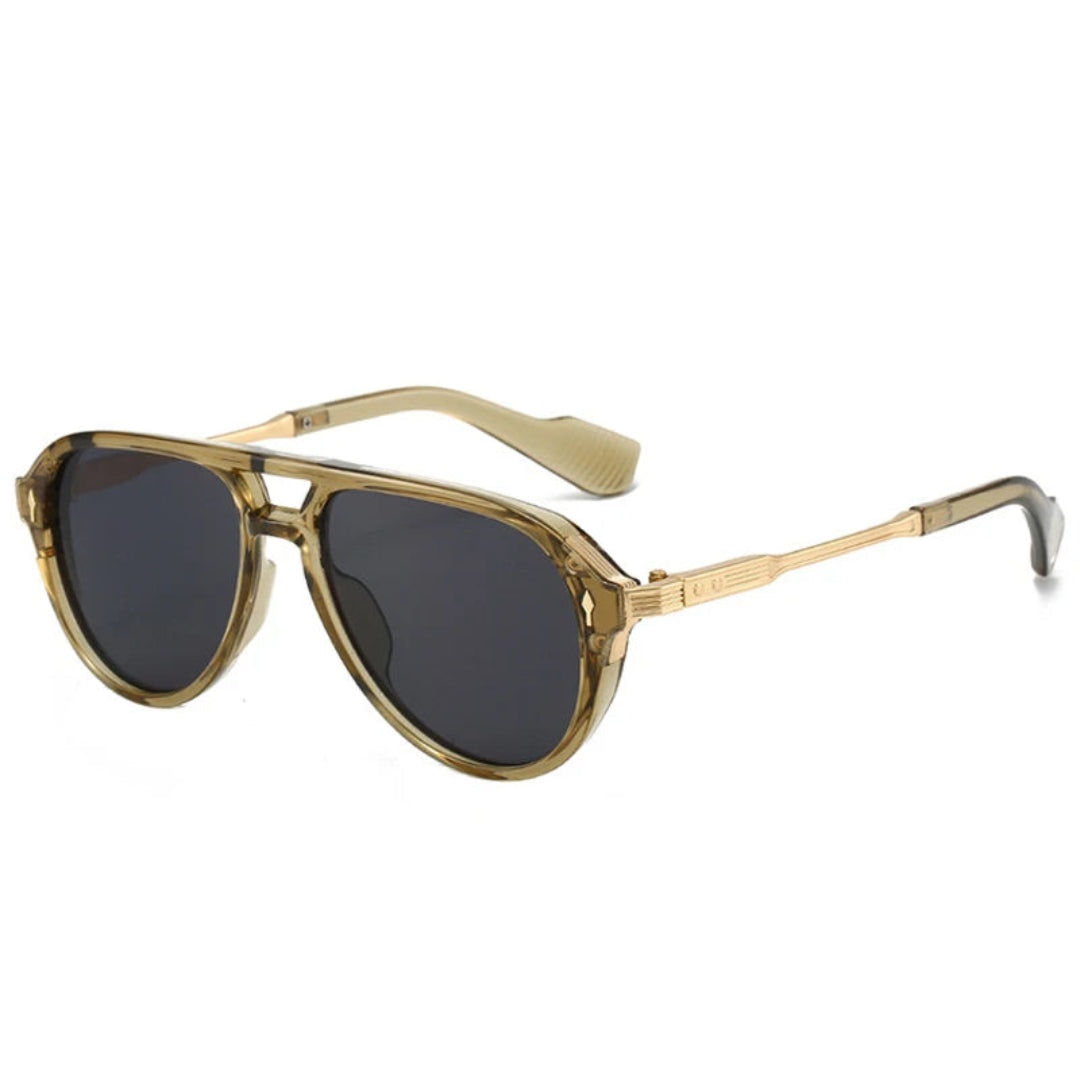 Astra women’s shades in Olive frame with Black lenses, right 3/4 angle on white background — metal frame, polycarbonate lenses, 100% UV protection
