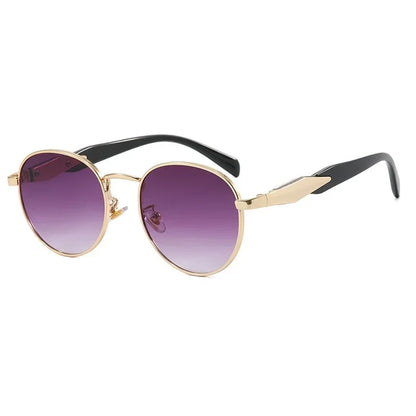 Right 3/4 angle of Domina women’s round sunglasses in Black frame with Purple Gradient lenses, on white background — metal frame, polycarbonate lenses, 100% UV protection