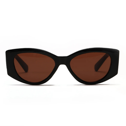 Front view of Aravie women’s cat-eye  shades in Black frame with Brown lenses, on white background — acetate frame, 100% UV protection