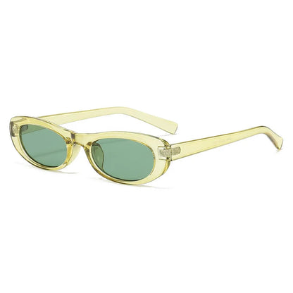 3/4 right angle view of Nova oval slim shades in Transparent Yellow frame with Dark Green acrylic lenses, polycarbonate frame, 100% UV protection, on white background.