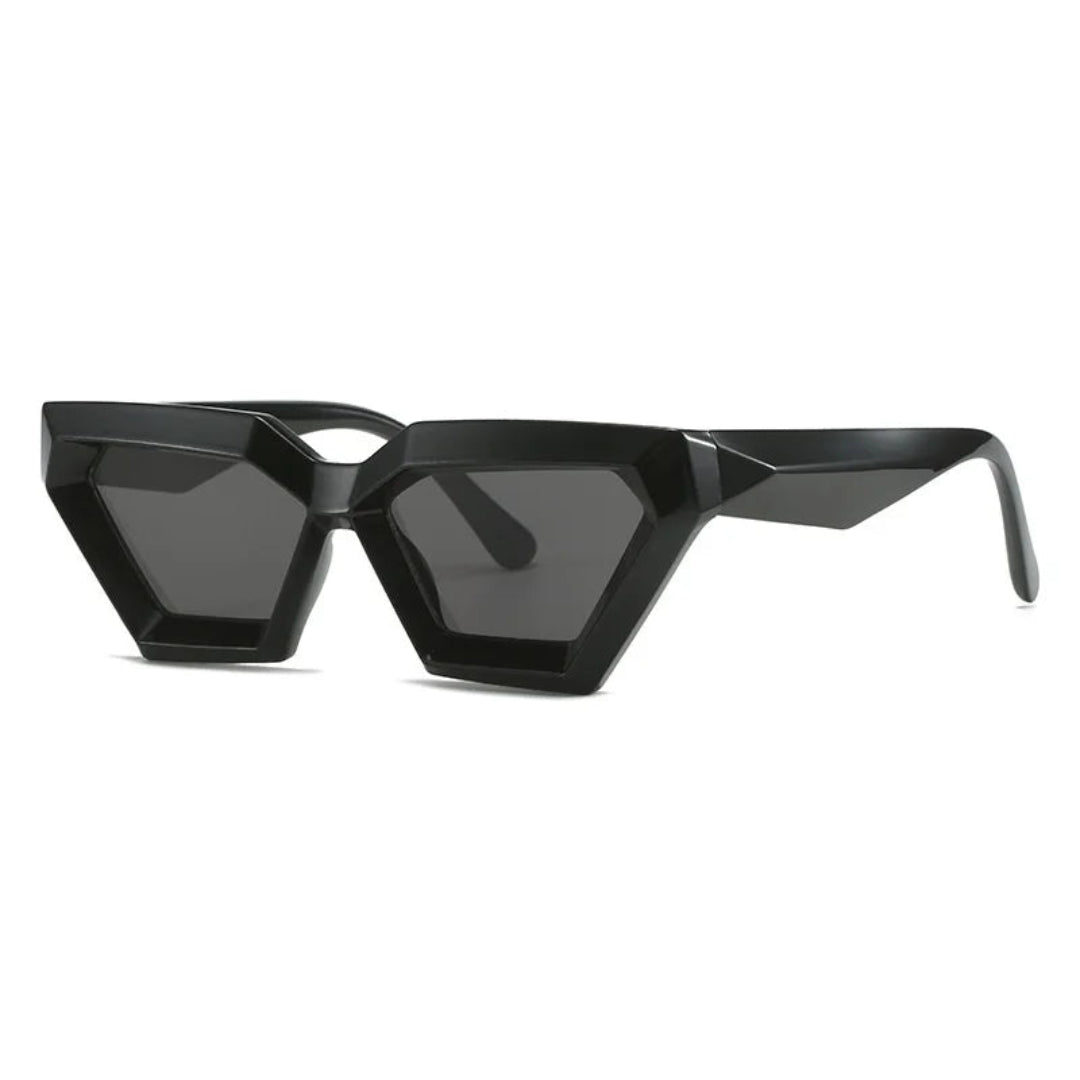 3/4 right angle view of Paris futuristic geometric shades in Black acetate frame with Black TAC lenses, 100% UV protection, on white background.