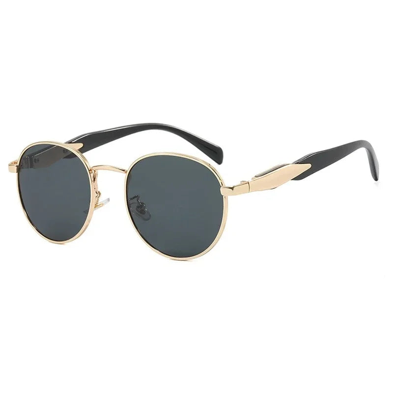 Right 3/4 angle of Domina women’s round shades in Black frame with Black lenses, on white background — metal frame, polycarbonate lenses, 100% UV protection
